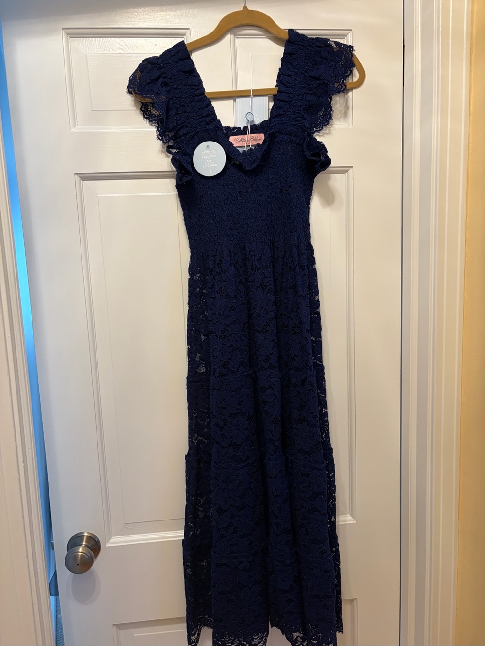 Hill House Navy Lace Maxi Dress with Ruffle Shoulders